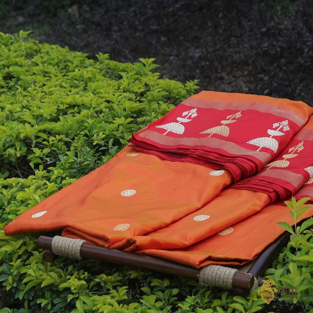 Orange Pure Katan Silk Handloom Banarasi Saree