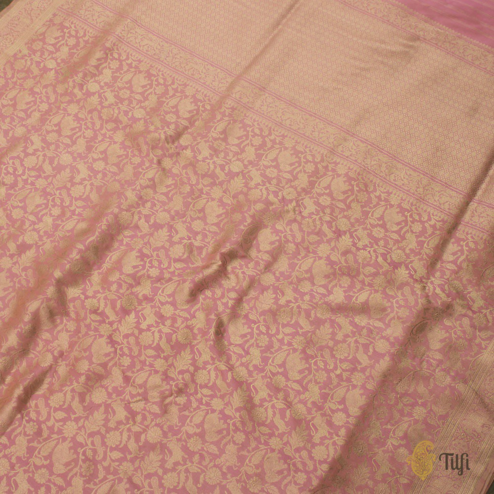 Tussar-Pink Pure Katan Silk Banarasi Shikargah Handloom Saree