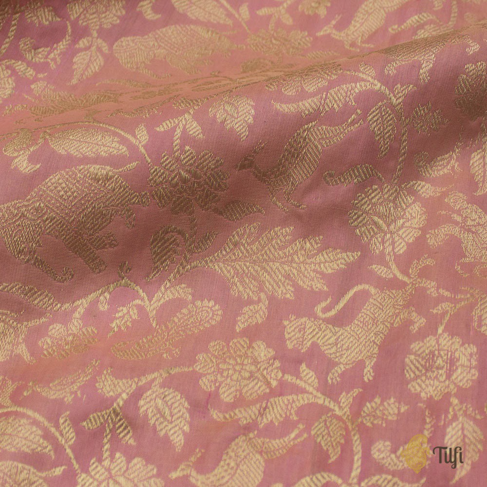 Tussar-Pink Pure Katan Silk Banarasi Shikargah Handloom Saree