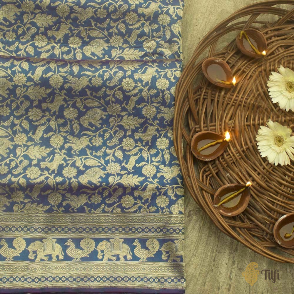 Magenta-Egyptian Blue Pure Katan Silk Banarasi Shikargah Handloom Saree