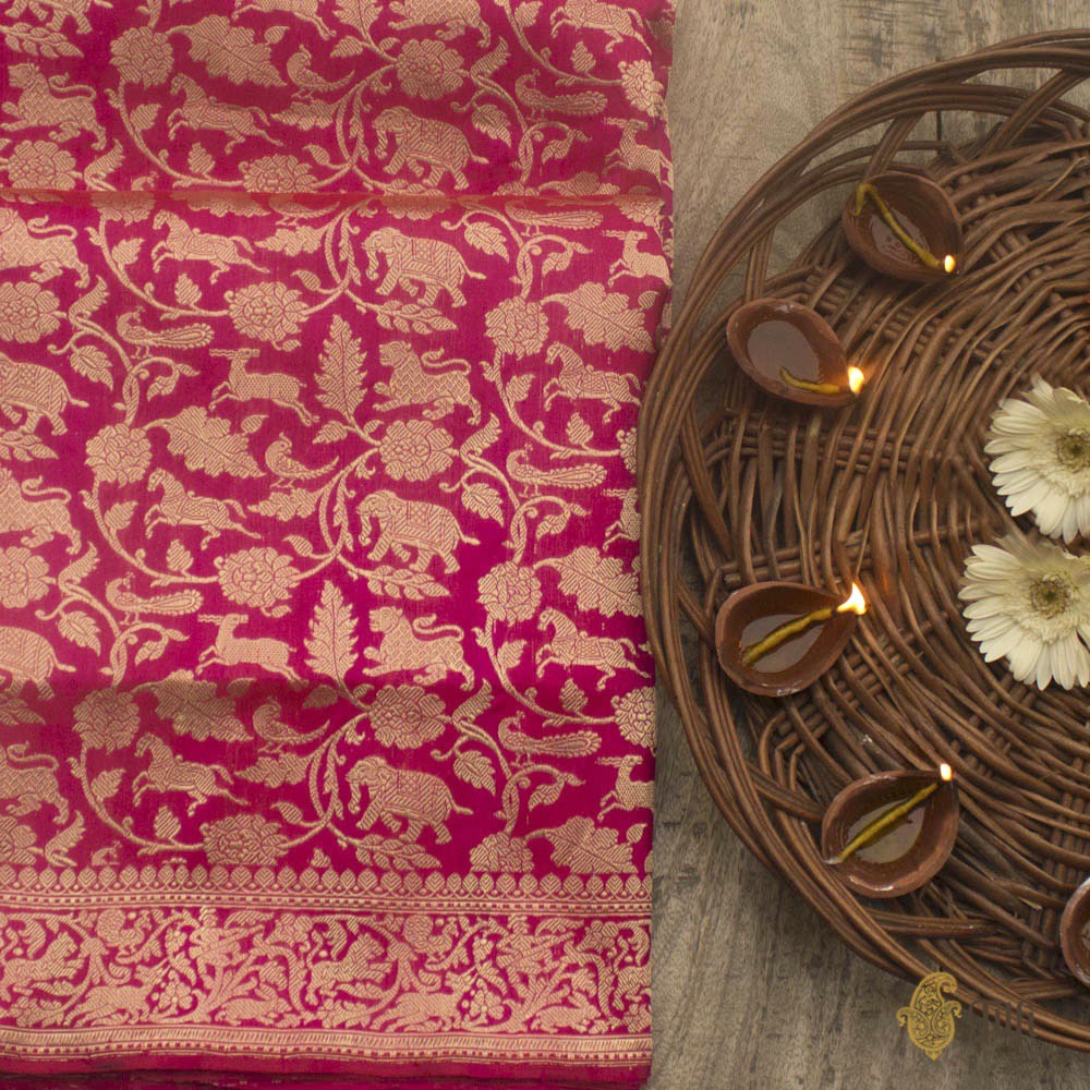 Red-Rani Pink Pure Katan Silk Banarasi Shikargah Handloom Saree