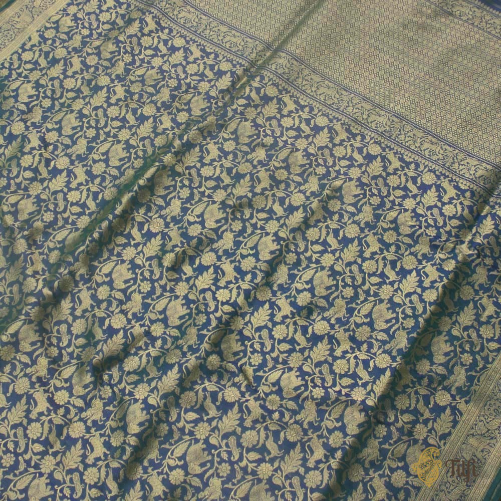 Green-Royal Blue Pure Katan Silk Banarasi Shikargah Handloom Saree