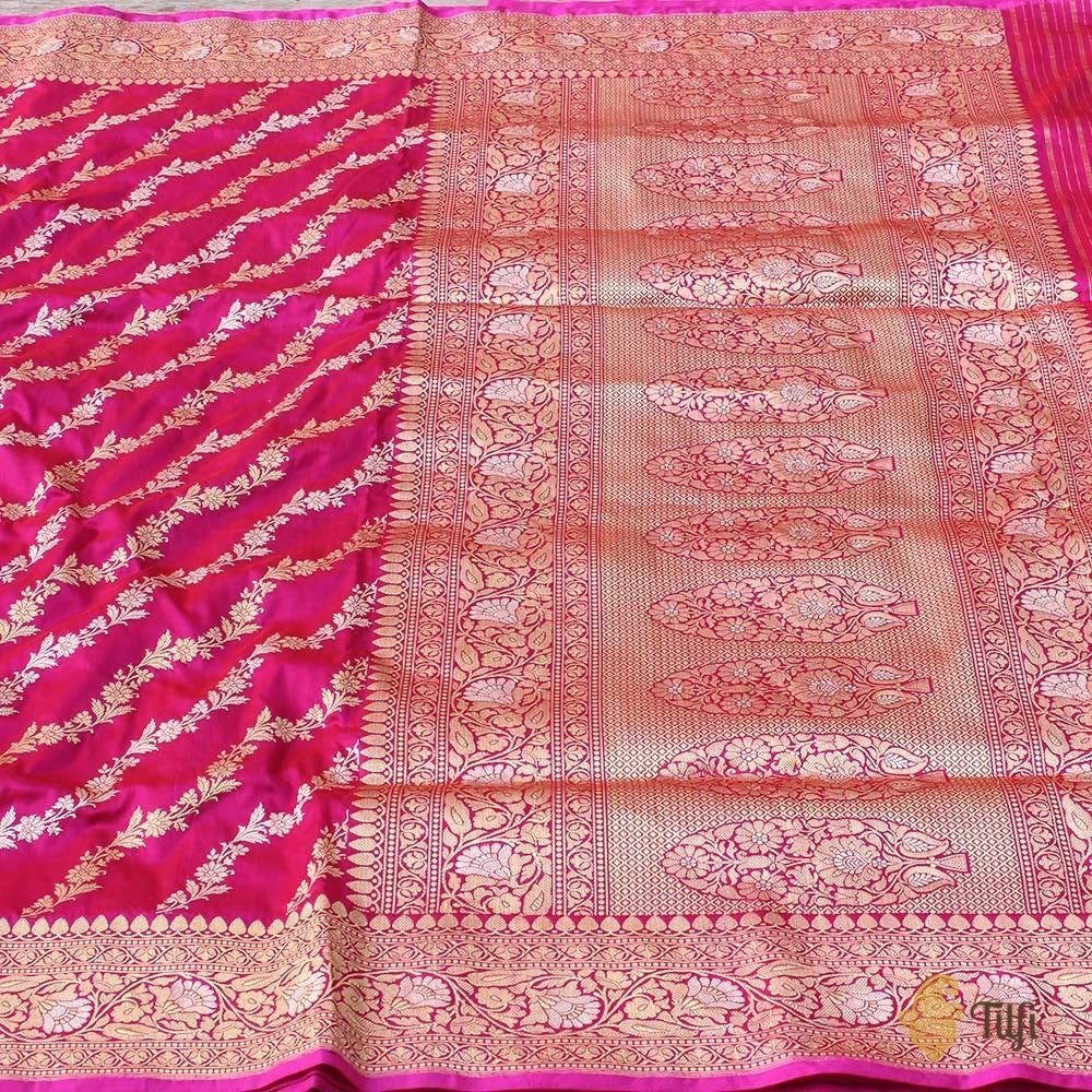 &#39;Sohini&#39; Red-Rani Pink Pure Katan Silk Banarasi Handloom Saree