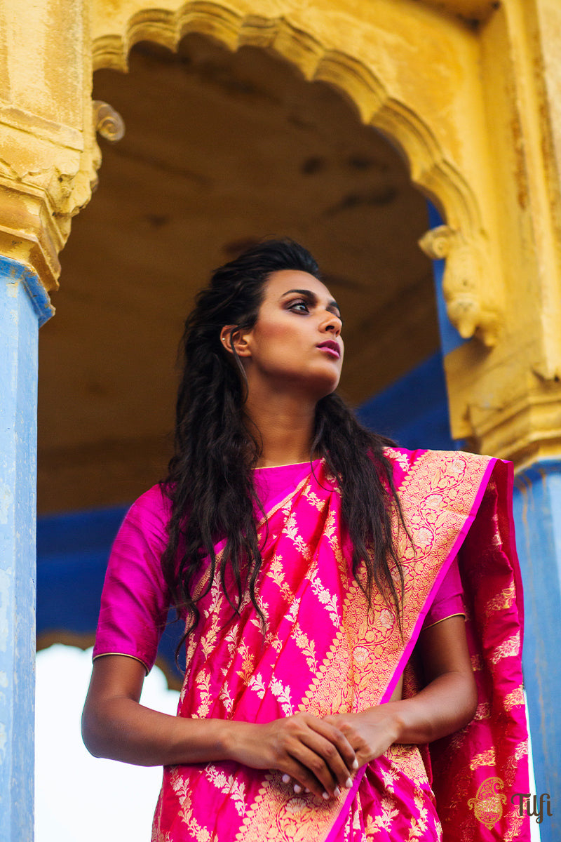 &#39;Sohini&#39; Red-Rani Pink Pure Katan Silk Banarasi Handloom Saree
