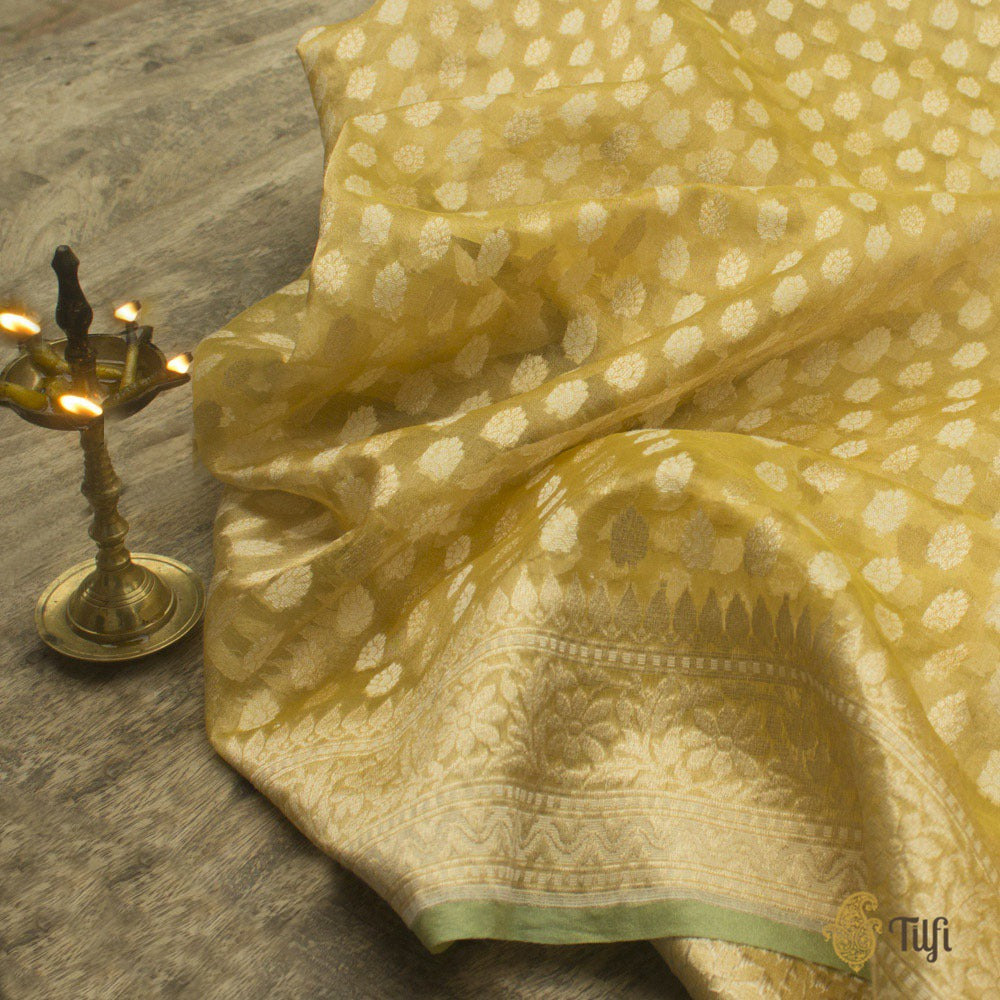 Yellow-Gold Pure Kora Tissue Banarasi Handloom Saree