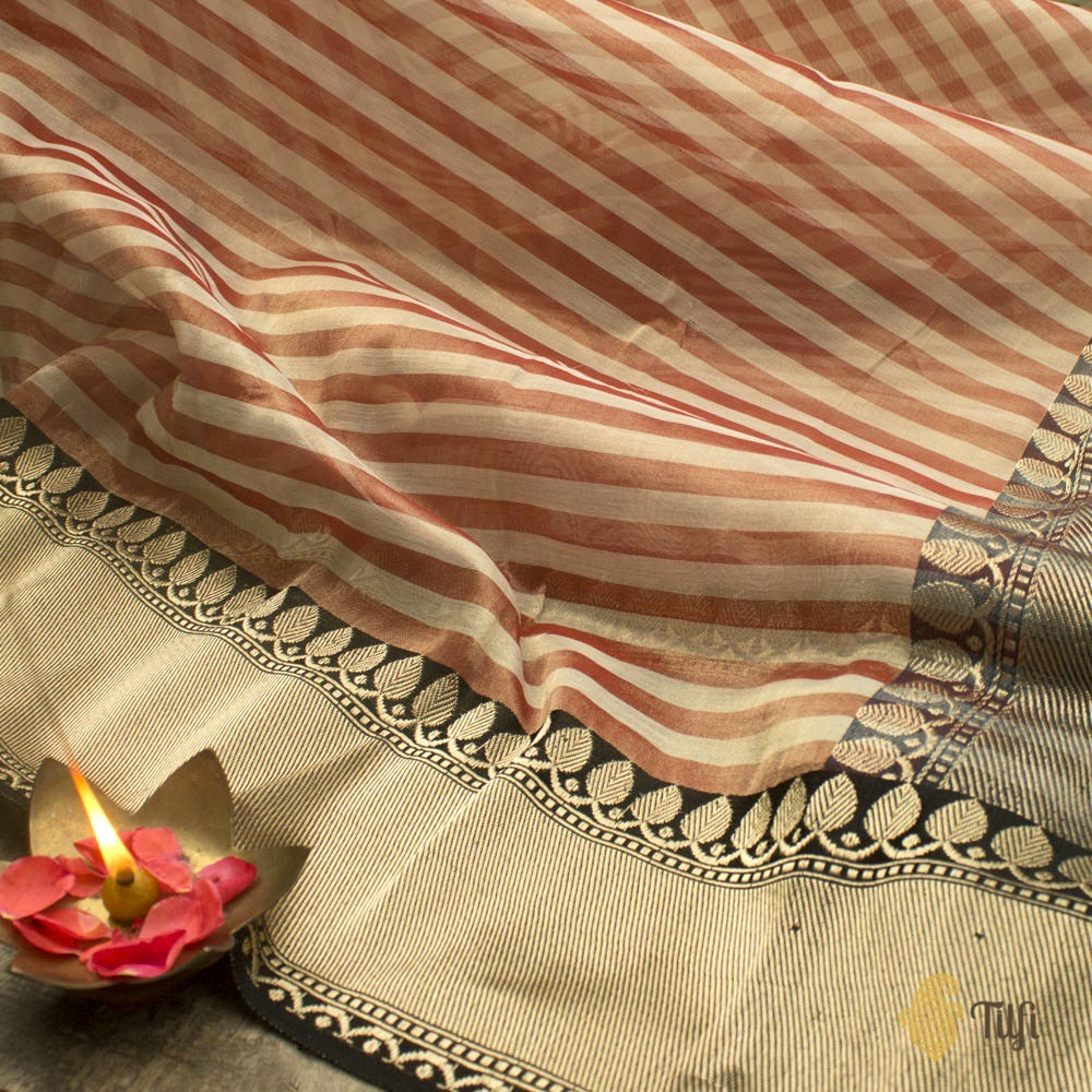 Off White-Red Pure Cotton Tissue Banarasi Handloom Saree