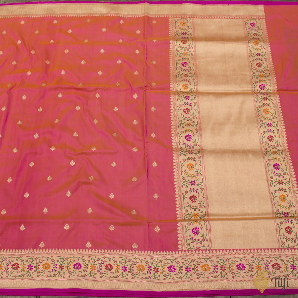 Pre-Order: Orange-Gulabi Pink Pure Katan Silk Banarasi Handloom Saree