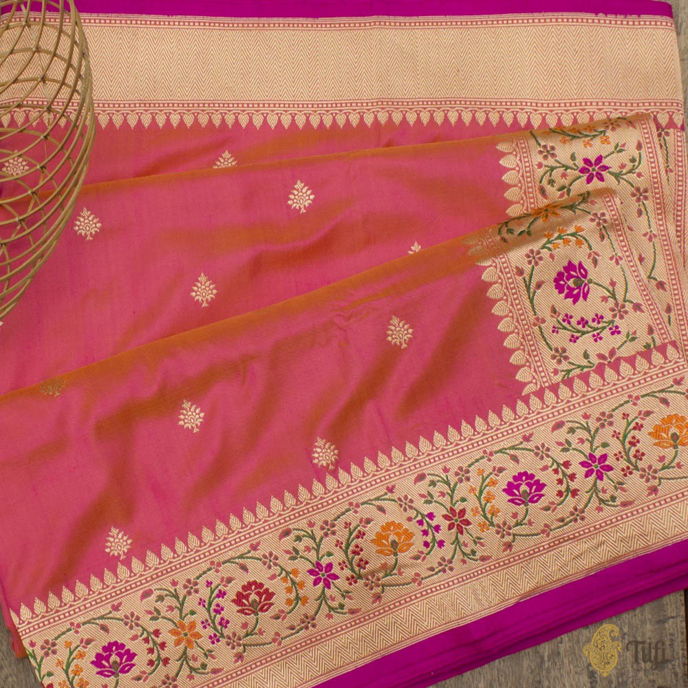 Pre-Order: Orange-Gulabi Pink Pure Katan Silk Banarasi Handloom Saree