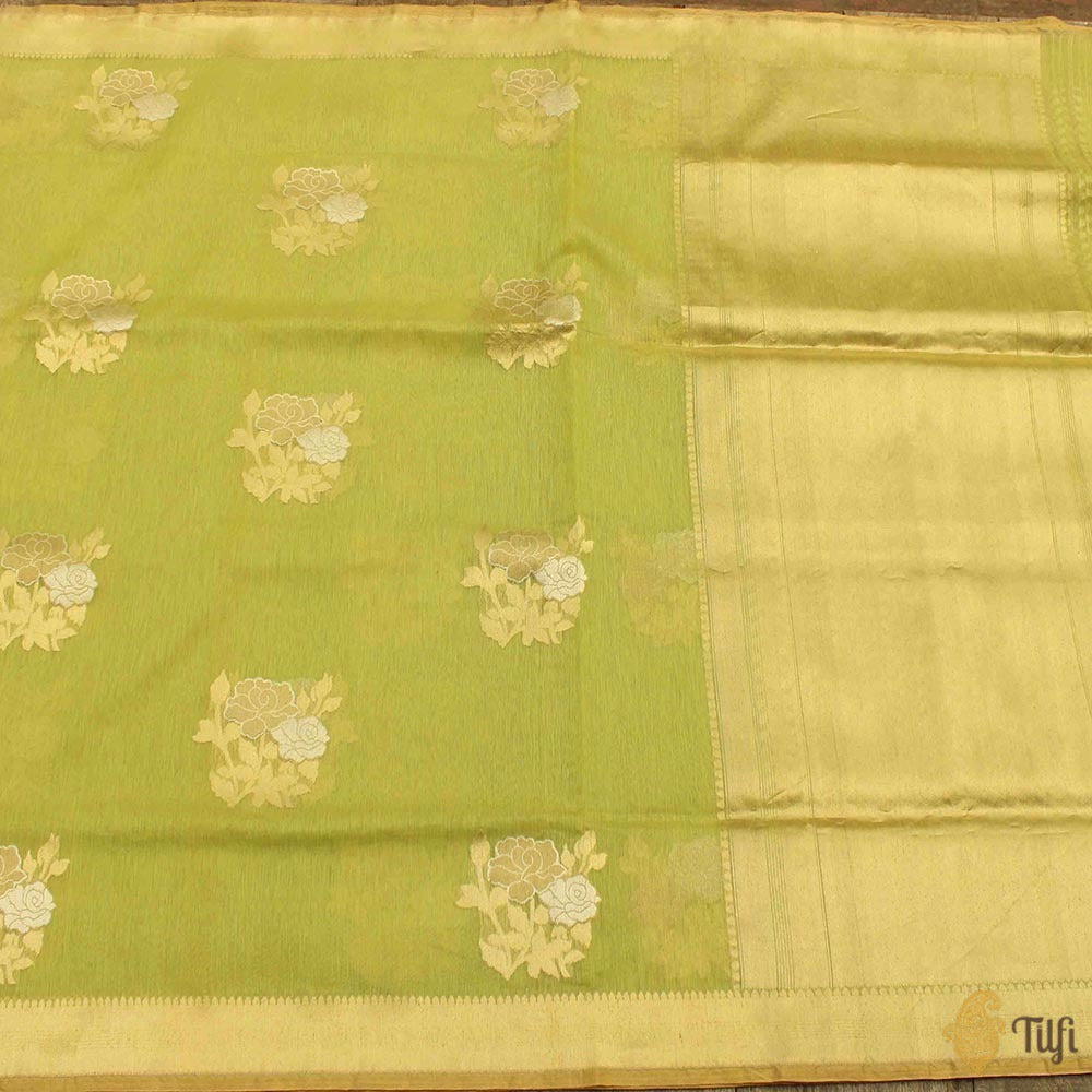Pista Green Pure Kora Linen Banarasi Handloom Saree