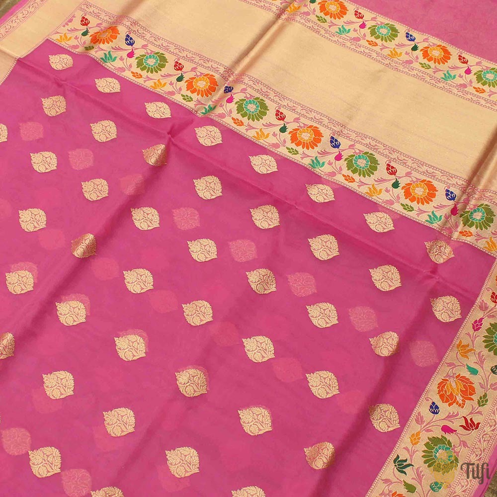 Fuschia Pink Pure Kora Silk Banarasi Handloom Saree