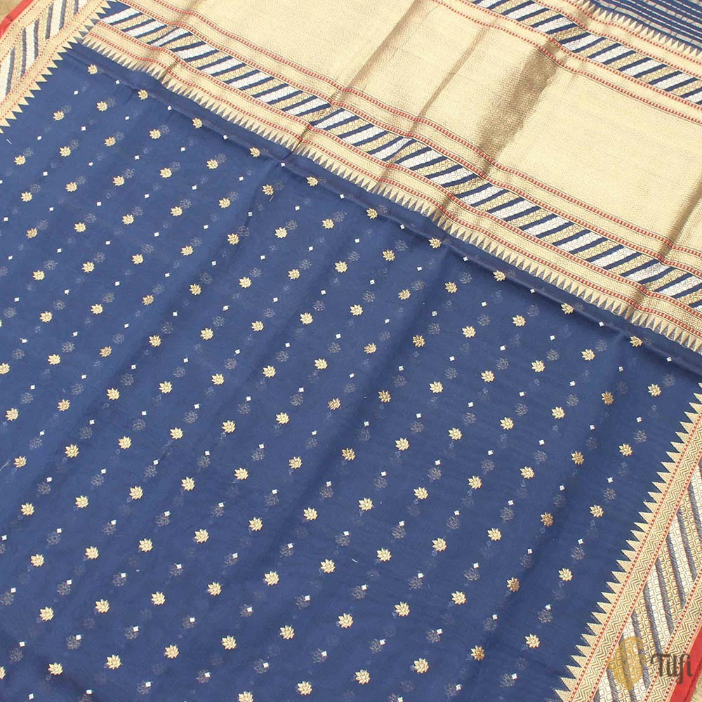Navy Blue Pure Kora Silk by Cotton Banarasi Handloom Saree