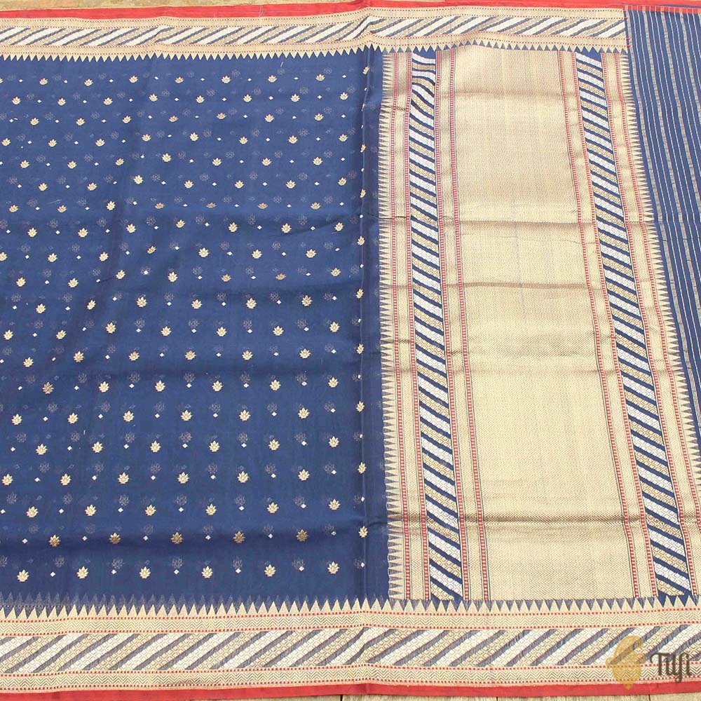 Navy Blue Pure Kora Silk by Cotton Banarasi Handloom Saree