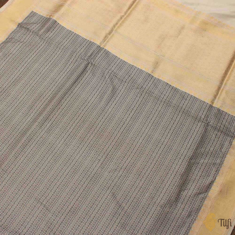 Black-White Pure Katan Silk Banarasi Handloom Saree