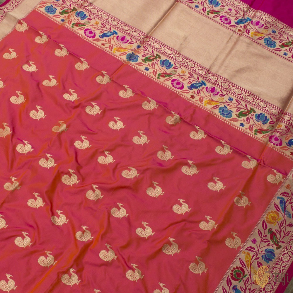 Orange-Pink Pure Katan Silk Banarasi Paithani Handloom Saree