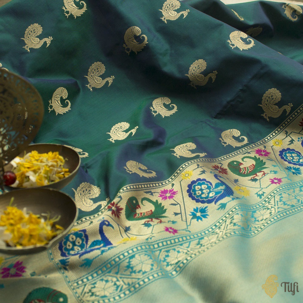 Navy Blue-Green Pure Katan Silk Banarasi Paithani Handloom Saree