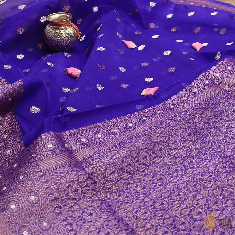 Royal Blue Pure Kora Silk Handloom Banarasi Saree
