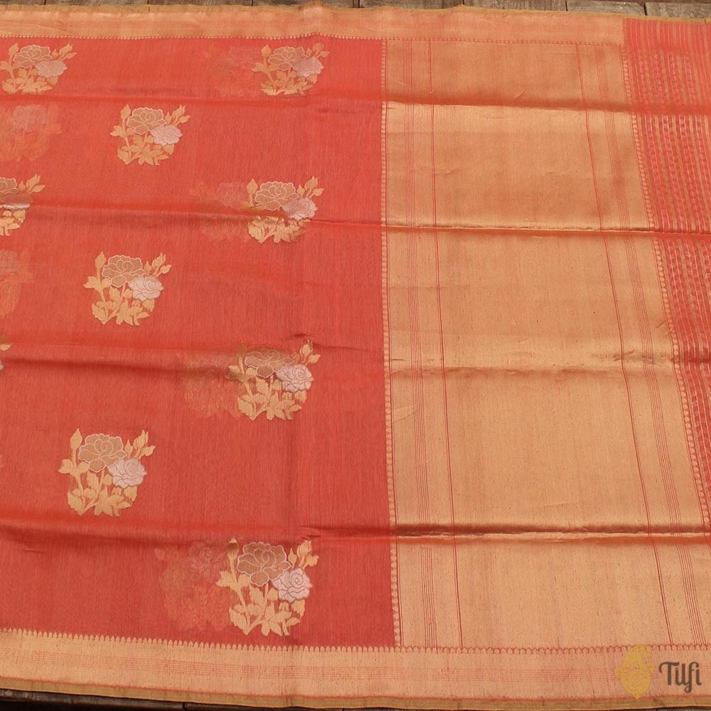 Peach-Pink Pure Kora Linen Banarasi Handloom Saree