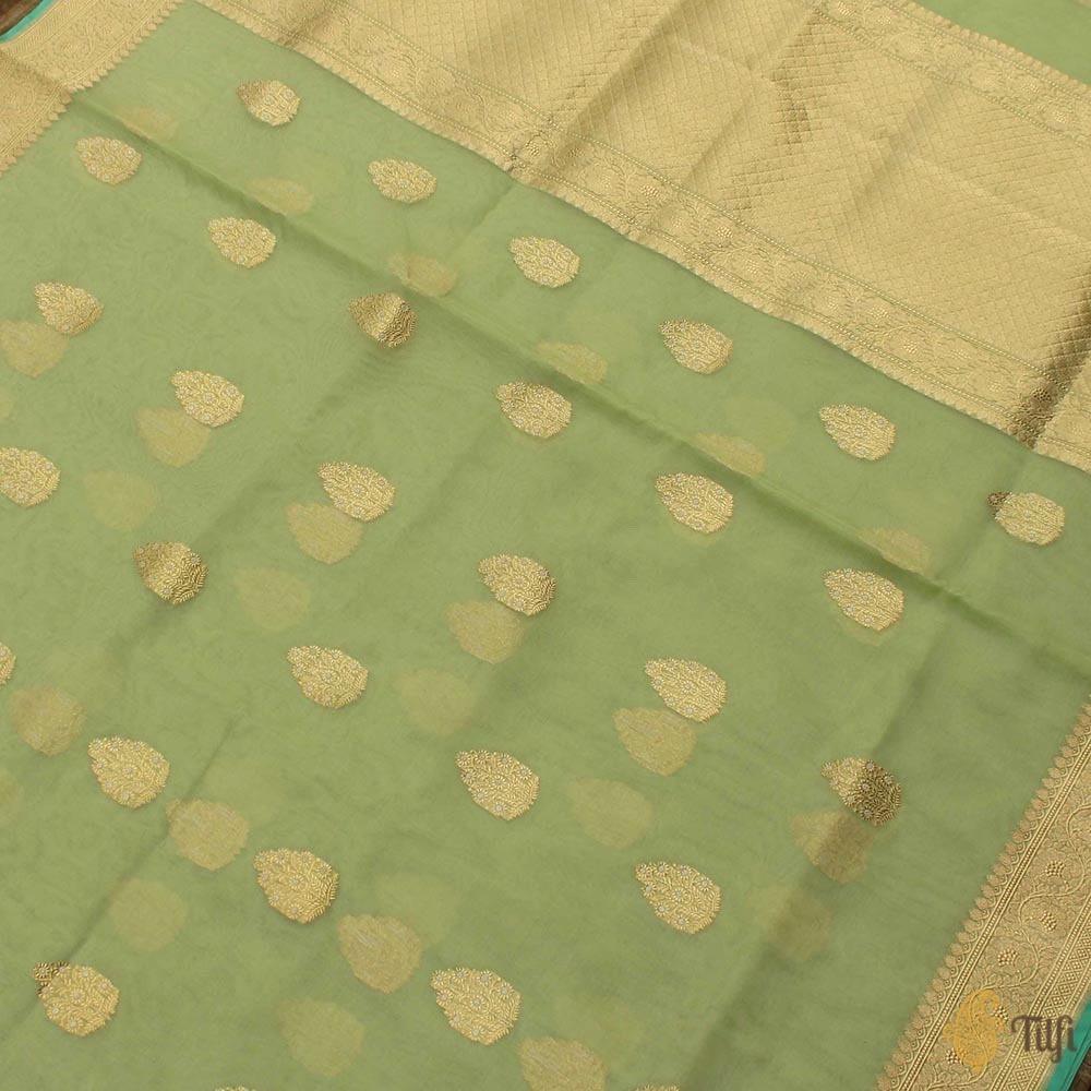 Light Pista Green Pure Kora Silk Handloom Banarasi Saree