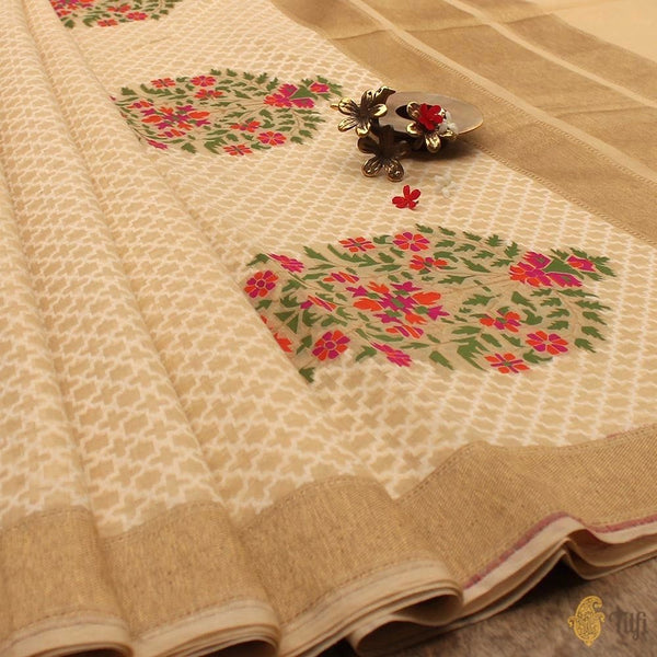 Cream Pure Cotton Handwoven Banarasi Saree - Tilfi