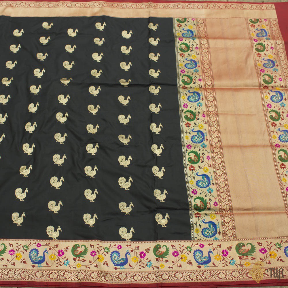 Black Pure Katan Silk Banarasi Paithani Handloom Saree