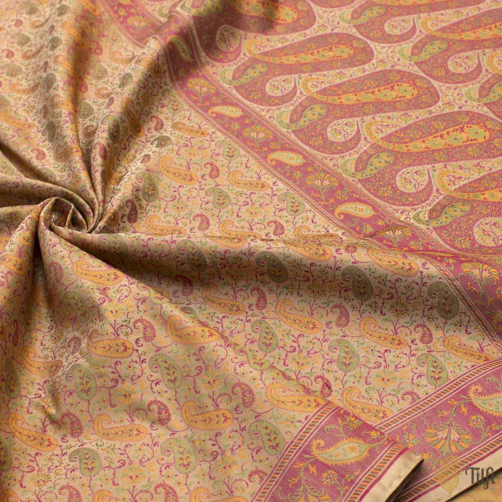 Beige Pure Soft Satin Silk Tanchoi Jamawar Banarasi Handloom Saree