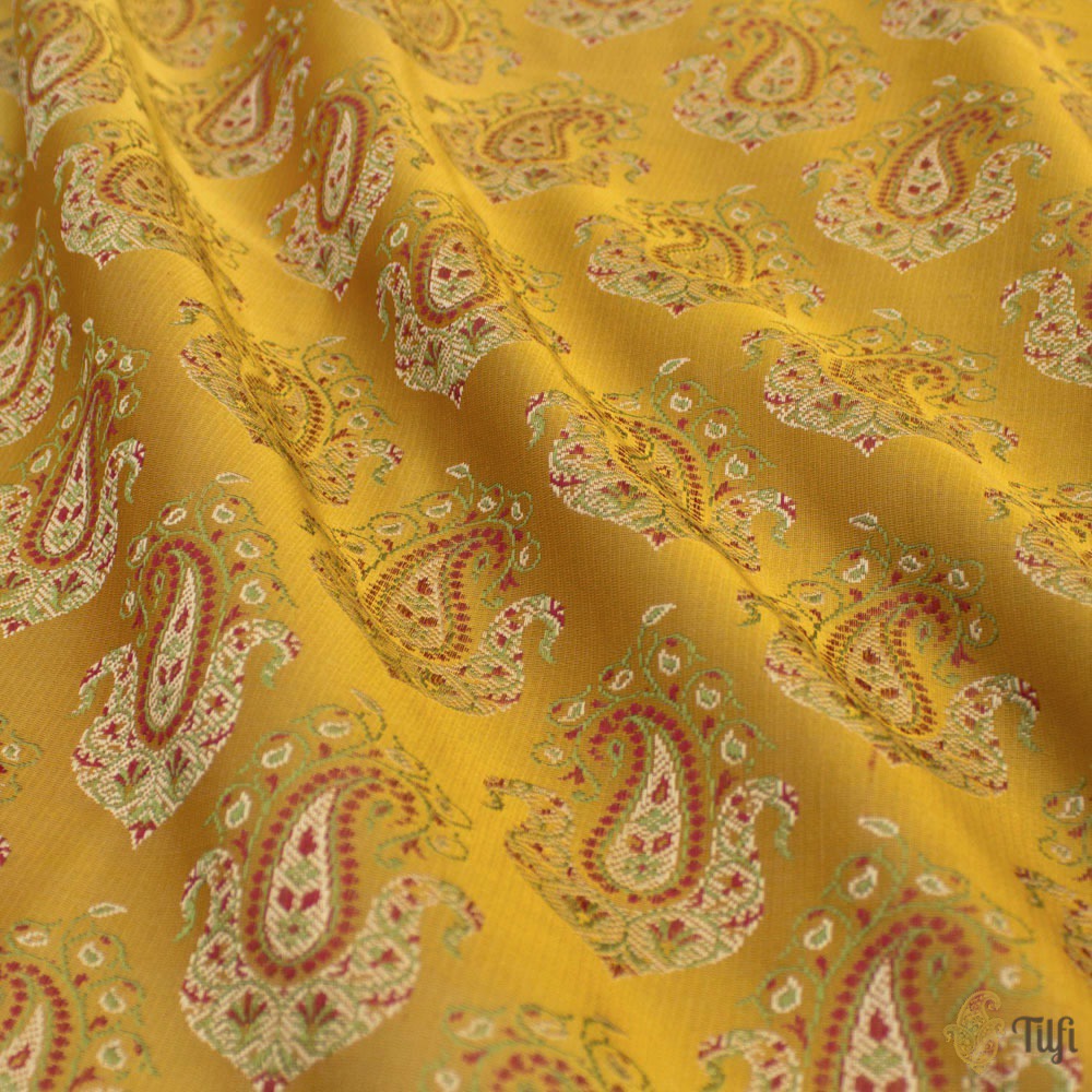 Mustard Pure Soft Satin Silk Tanchoi Jamawar Banarasi Handloom Saree