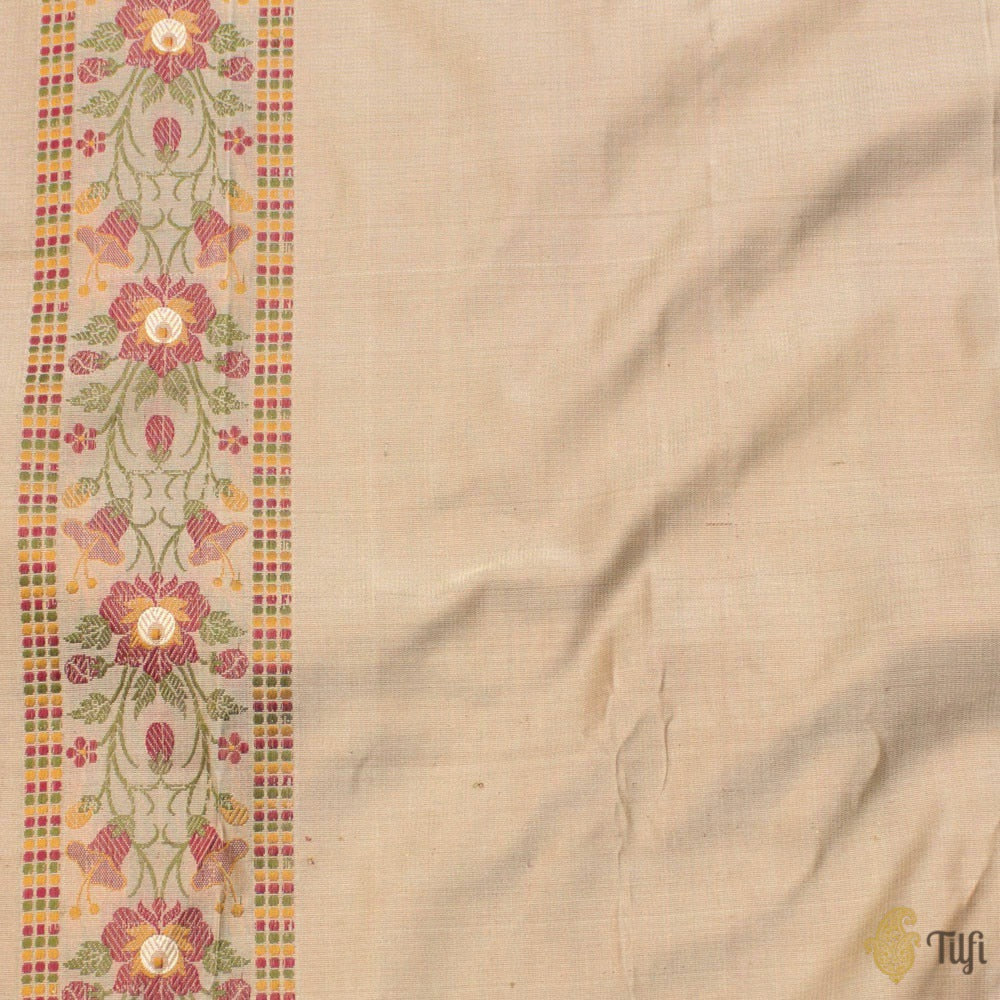 Off-White Pure Soft Satin Silk Banarasi Handloom Saree