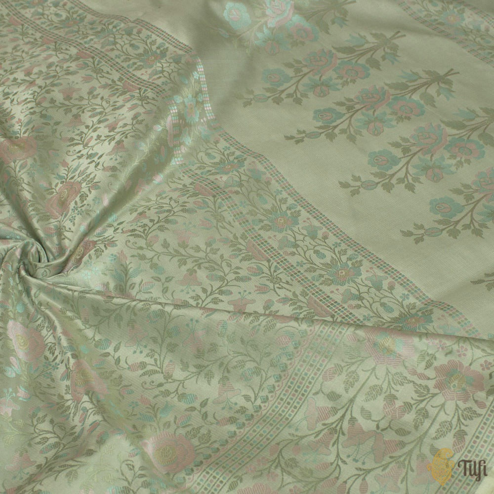 Mint Green Pure Soft Satin Silk Banarasi Handloom Saree
