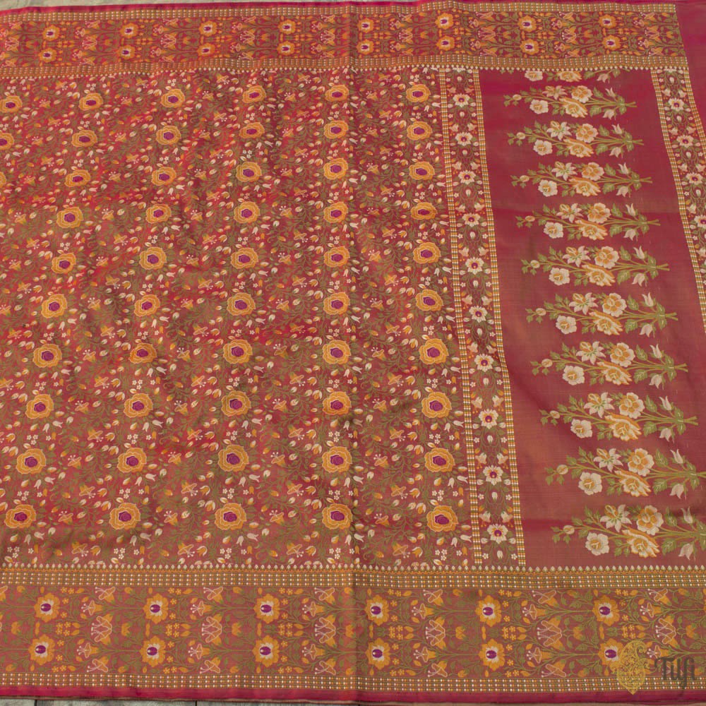 Reddish Maroon Pure Soft Satin Silk Banarasi Handloom Saree