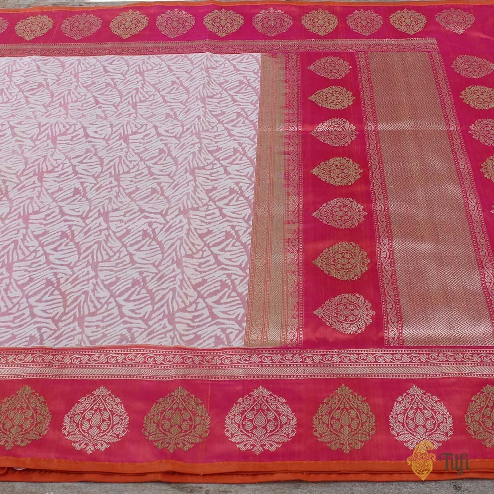 Off White-Pink Pure Kora Silk Banarasi Handloom Saree