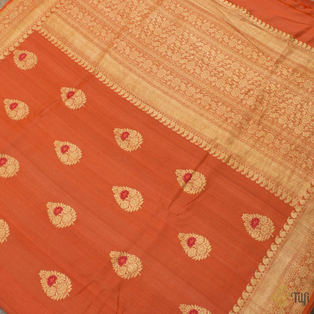 Orange Pure Tussar Georgette Silk Banarasi Handloom Saree