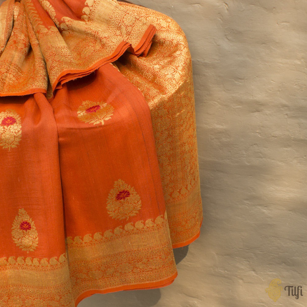 Orange Pure Tussar Georgette Silk Banarasi Handloom Saree