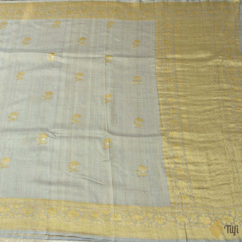 Blueish-Grey Pure Tussar Georgette Silk Banarasi Handloom Saree