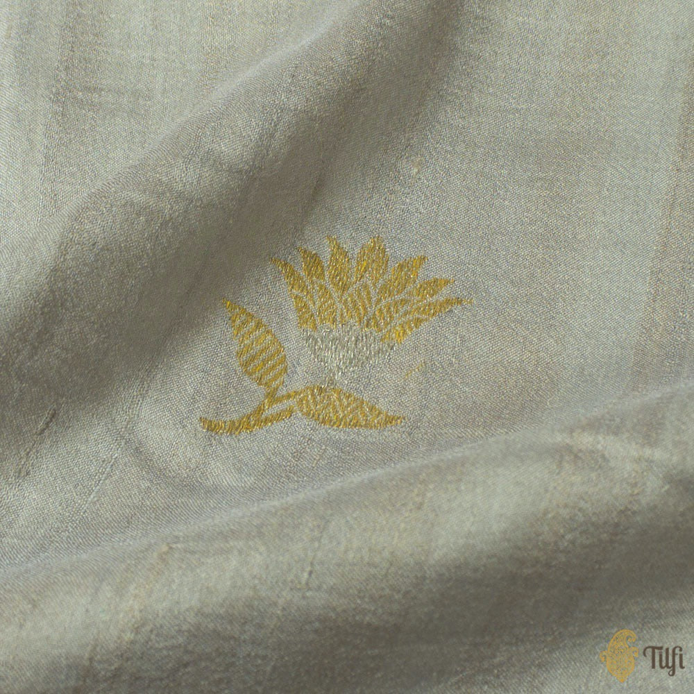Blueish-Grey Pure Tussar Georgette Silk Banarasi Handloom Saree