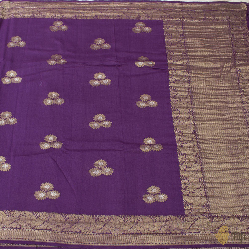 Purple Pure Tussar Georgette Silk Banarasi Handloom Saree