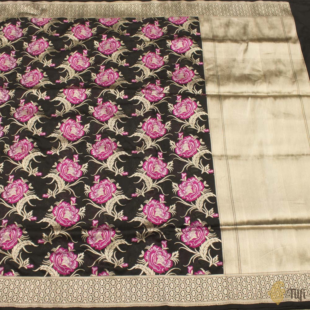 &#39;A Bed of Roses&#39; Black Pure Katan Silk Banarasi Handloom Saree