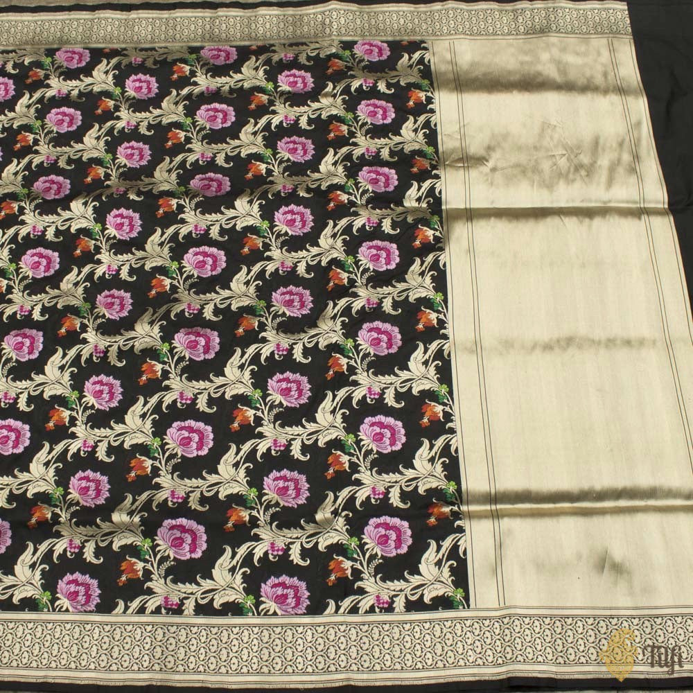 &#39;A Baroque Dream&#39; Black Pure Katan Silk Banarasi Handloom Saree