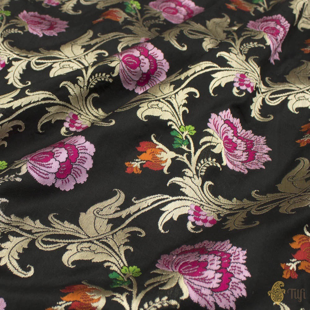 &#39;A Baroque Dream&#39; Black Pure Katan Silk Banarasi Handloom Saree