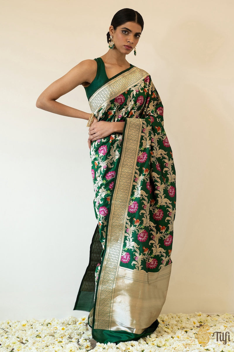 &#39;A Baroque Dream&#39; Forest Green Pure Katan Silk Banarasi Handloom Saree