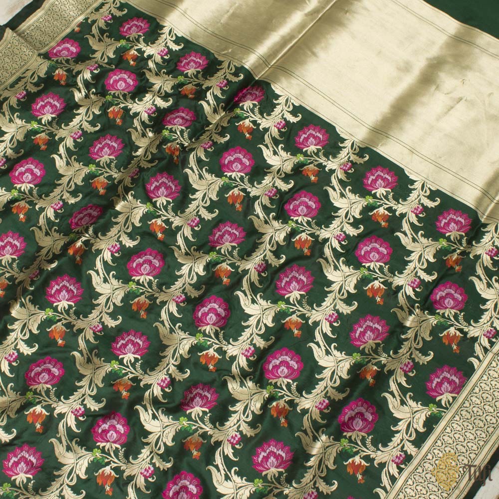&#39;A Baroque Dream&#39; Forest Green Pure Katan Silk Banarasi Handloom Saree