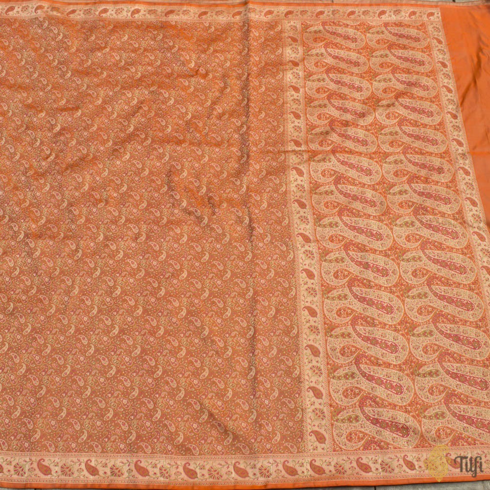 Orange Pure Soft Satin Silk Tanchoi Jamawar Banarasi Handloom Saree
