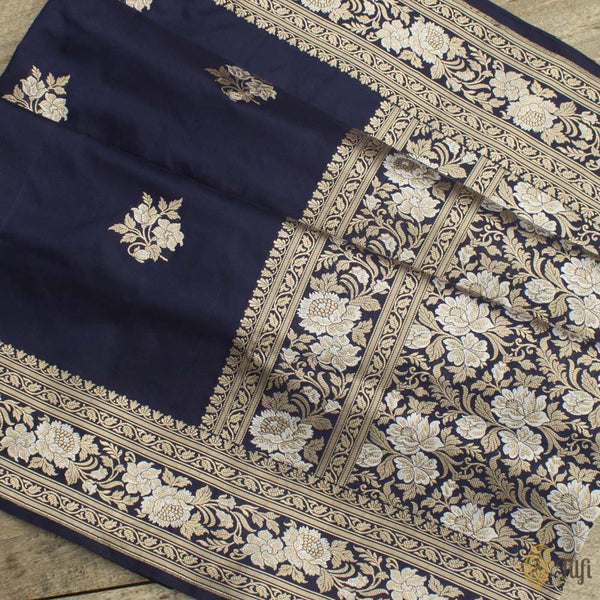 Navy Blue Pure Katan Silk Banarasi Handloom Saree - Tilfi