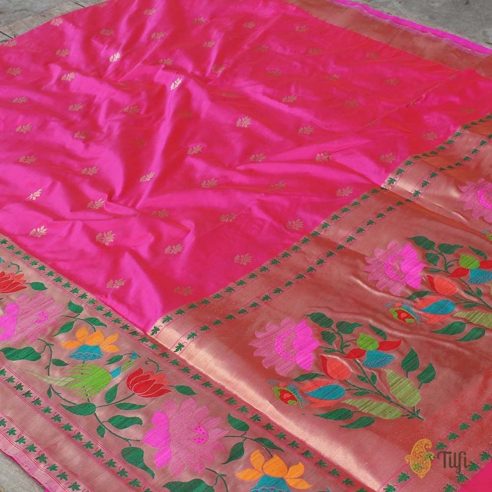 Orange-Pink Pure Katan Silk Banarasi Paithani Handloom Saree
