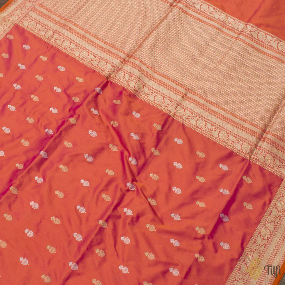 Rani Pink-Orange Pure Katan Silk Banarasi Handloom Saree