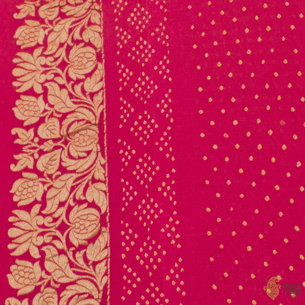Rani-Rose Pink Pure Georgette Banarasi Bandhani Handloom Saree