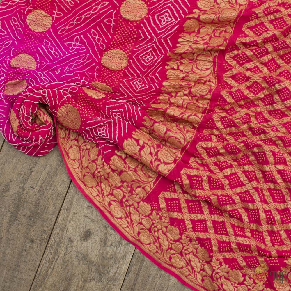 Rani-Rose Pink Pure Georgette Banarasi Bandhani Handloom Saree