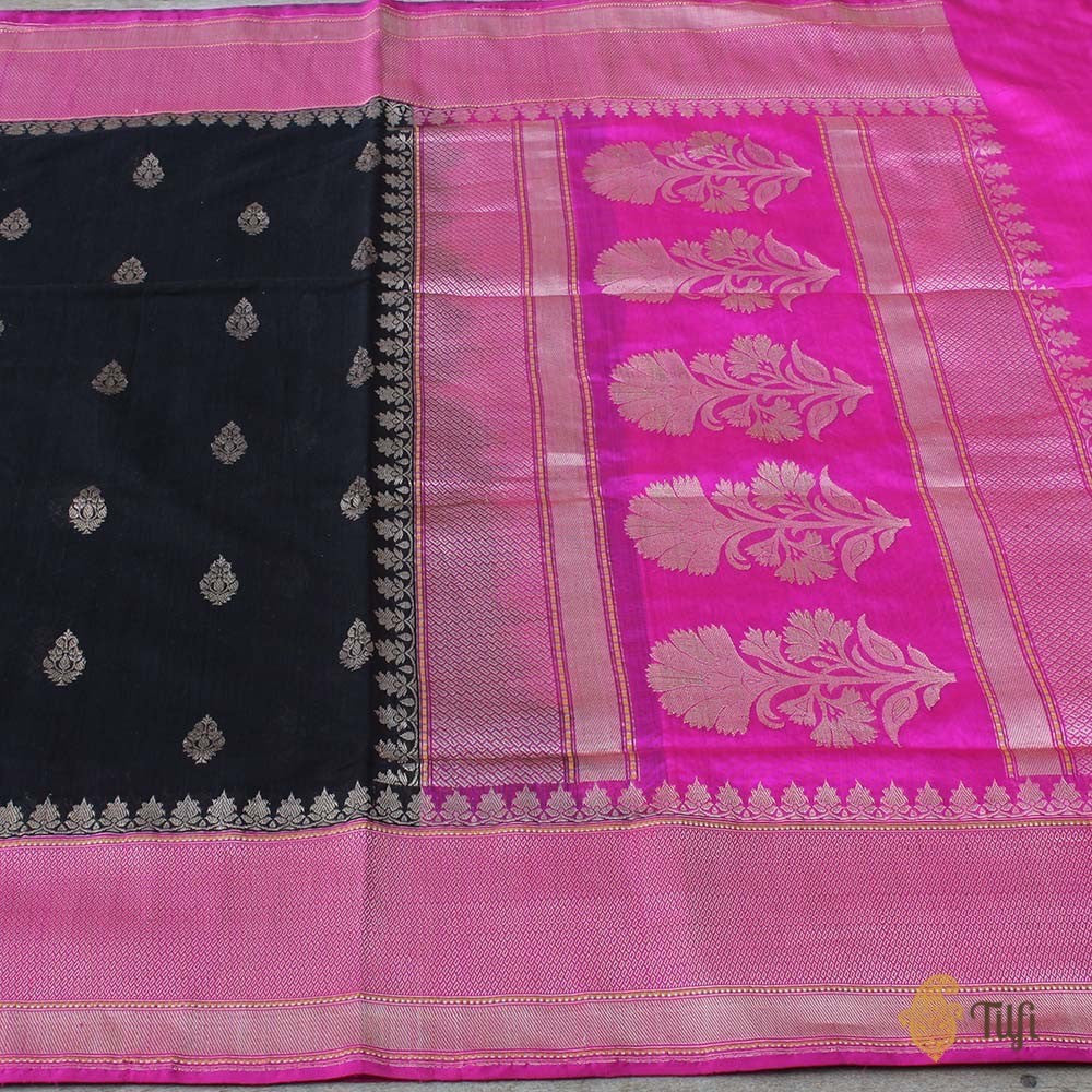 Black Pure Silk by Cotton Banarasi Handloom Saree