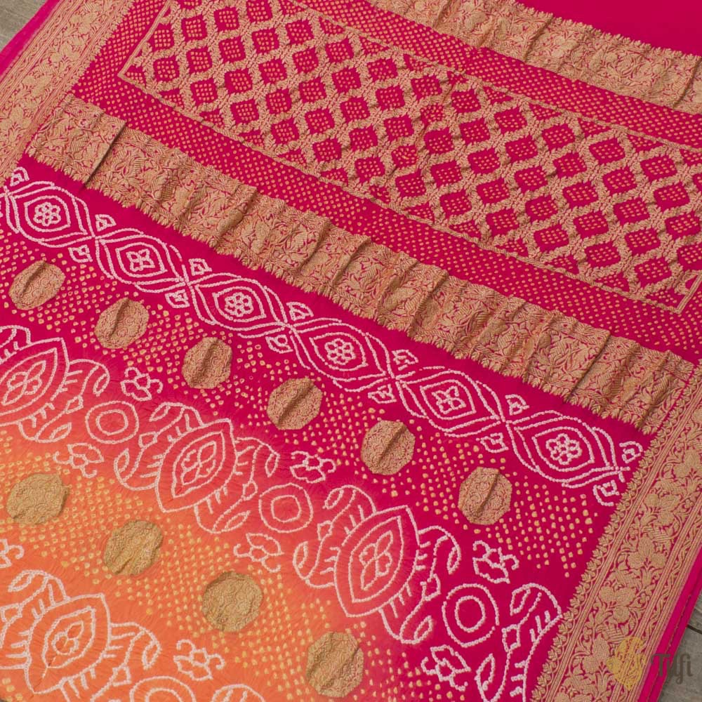 Light Orange-Rose Pink Pure Georgette Banarasi Bandhani Handloom Saree