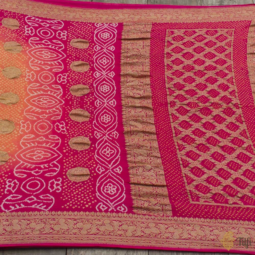 Light Orange-Rose Pink Pure Georgette Banarasi Bandhani Handloom Saree