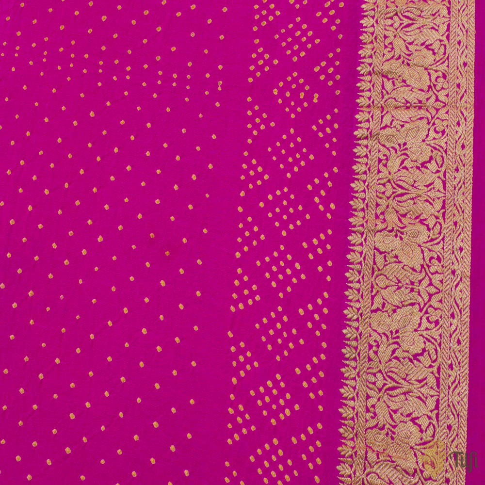Orange-Fuchsia Pink Pure Georgette Banarasi Bandhani Handloom Saree